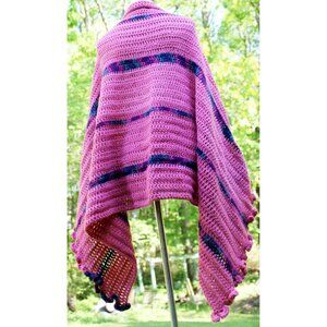 Crochet Pink Shawl Wrap Throw Multicolor Stripes Ruffle Edges 74" Couch Runner